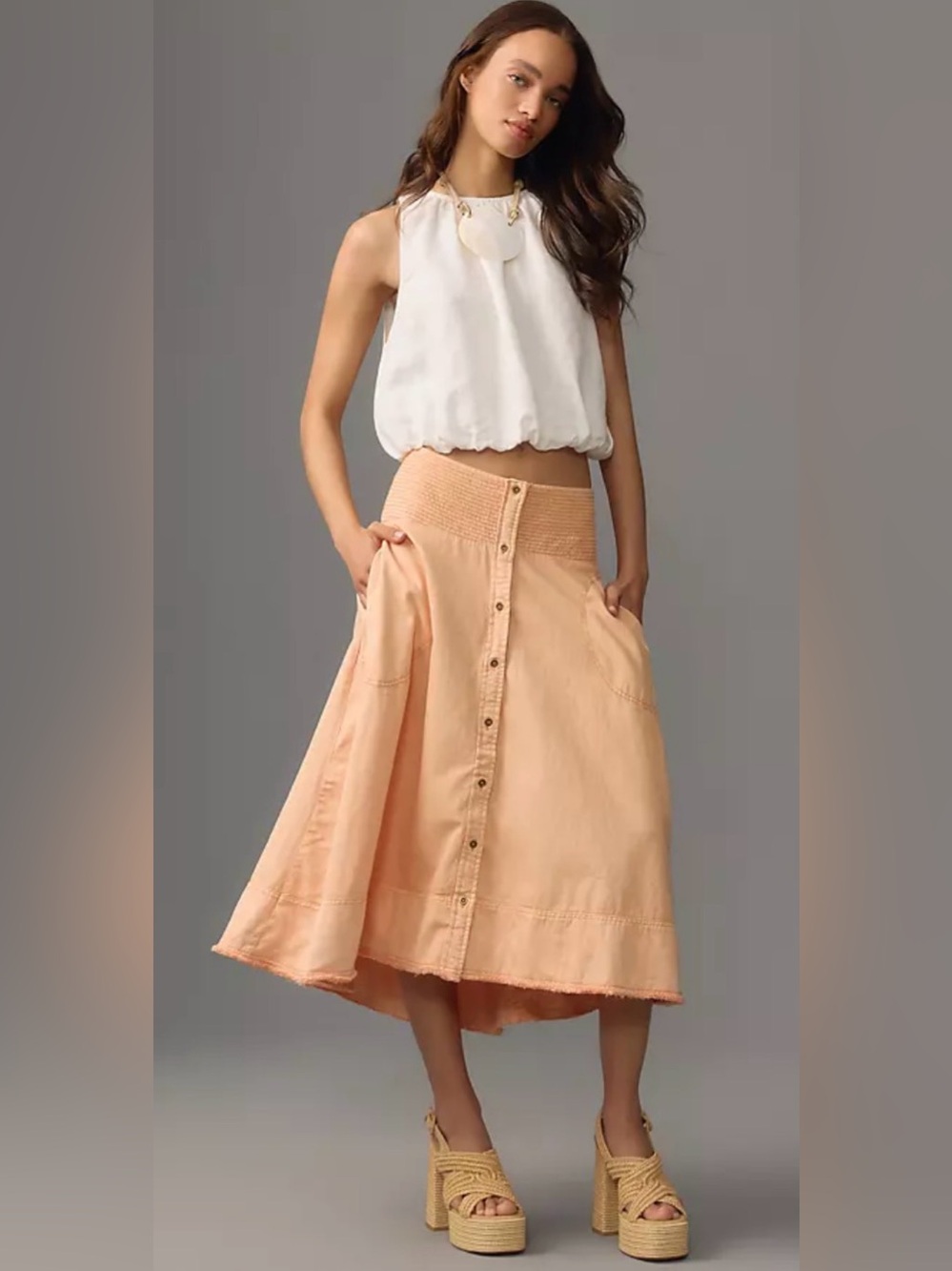 Pilcro Sunbaked Denim Midi Skirt-Peach-